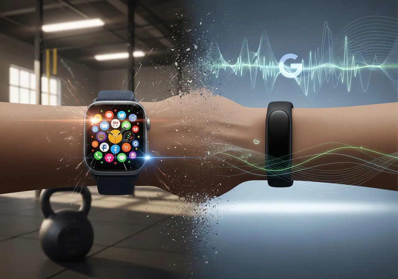 Ilustración conceptual que contrasta un smartwatch complejo con notificaciones y una pulsera de actividad minimalista sin pantalla, simbolizando la desconexión digital.