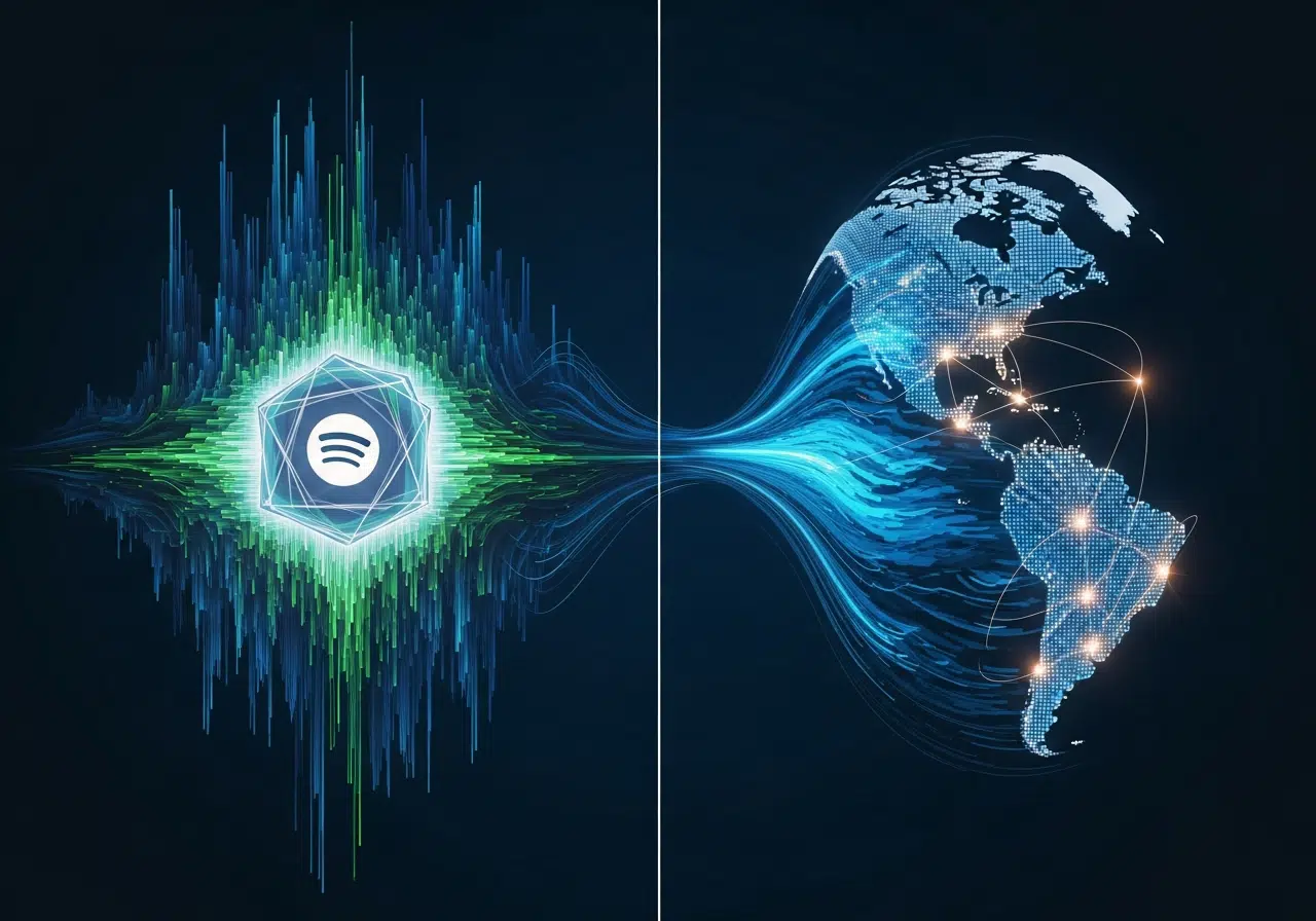 Ilustración conceptual de la IA de Spotify expandiéndose globalmente, mostrando ondas sonoras y un mapa mundial luminoso.