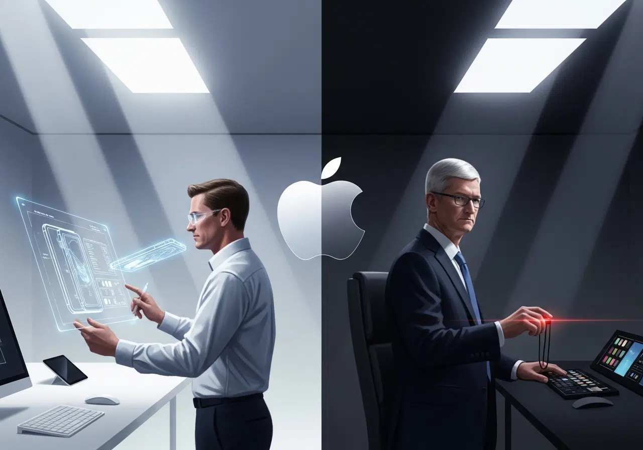 Ilustración conceptual de la transición de poder en Apple, con el nuevo CEO en la luz y Tim Cook como poder en la sombra.