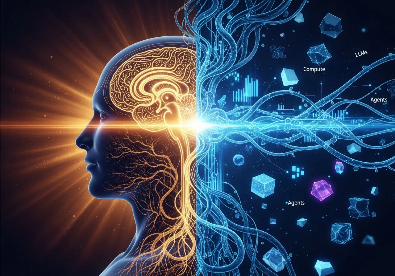 Ilustración conceptual de un cerebro humano fusionándose con una red neuronal digital de inteligencia artificial, representando el lenguaje del futuro.