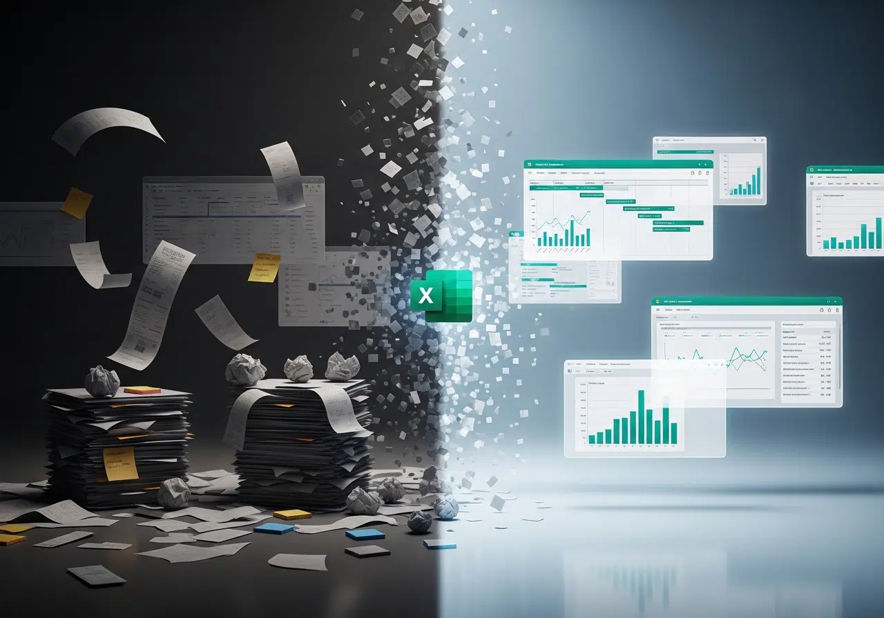 Ilustración conceptual de productividad que muestra el caos de papeles transformándose en ordenados gráficos y listas digitales de Excel en una pantalla dividida.
