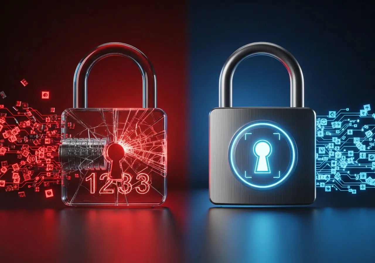 Ilustración conceptual de ciberseguridad con pantalla dividida: un candado de cristal roto frente a un candado futurista y seguro.