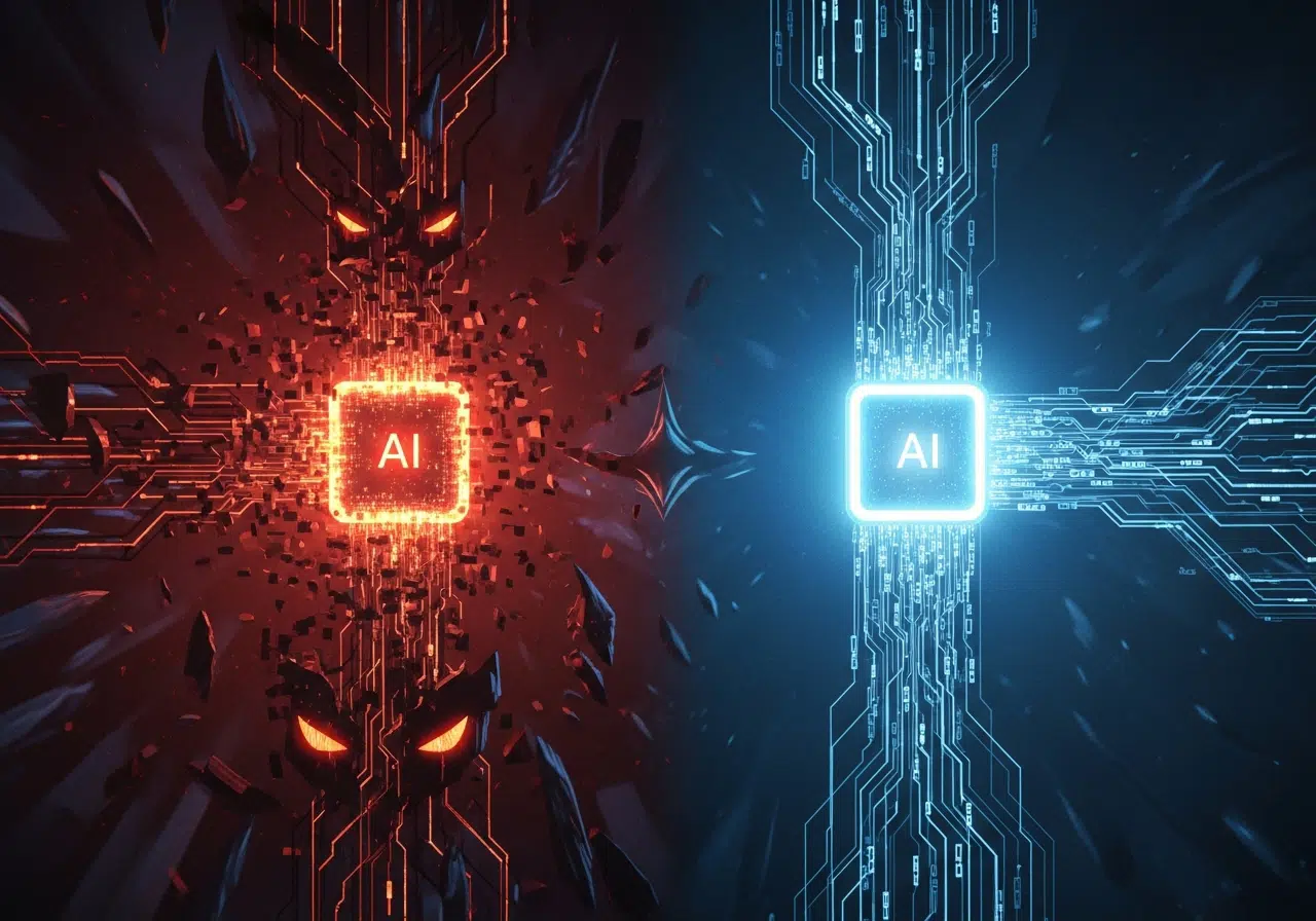Ilustración conceptual de la dualidad de una inteligencia artificial: un lado caótico y oscuro, el otro lado ético y luminoso.