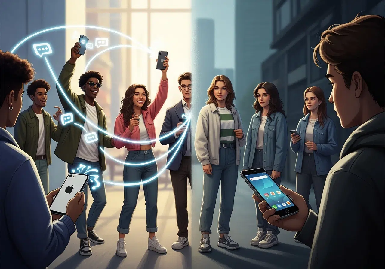 Ilustración conceptual en pantalla dividida del ecosistema Apple para la Generación Z y su contraste social.