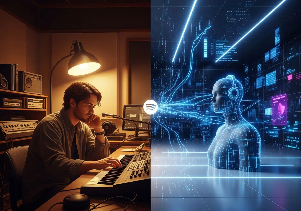 Ilustración conceptual del dilema de Spotify: un músico humano contrastado con la música generada por inteligencia artificial.