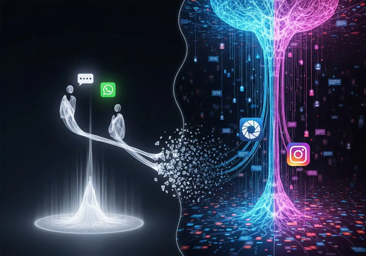 Ilustración conceptual: la privacidad cifrada en una app frente a la recolección de datos para inteligencia artificial en otra.