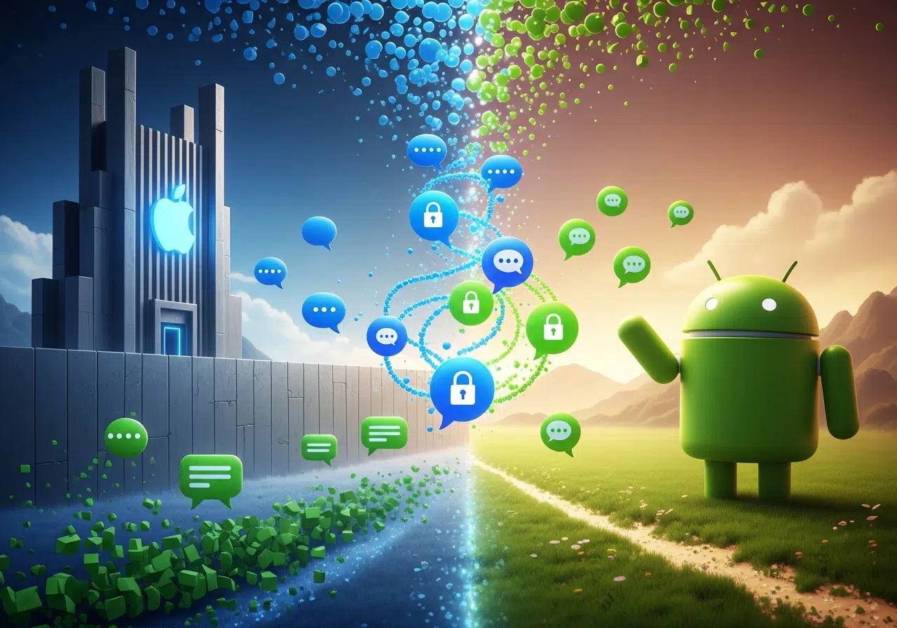 Ilustración conceptual de Apple y Android unificando su mensajería con cifrado RCS, mostrando burbujas azules y verdes seguras.