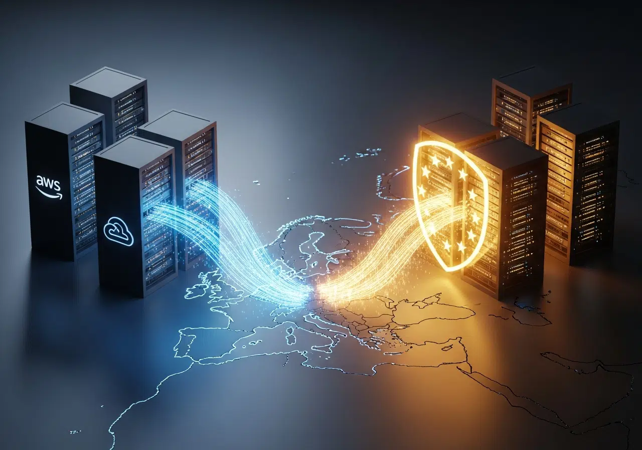 Soberanía digital europea: ilustración conceptual de la separación de datos de servidores de EEUU.