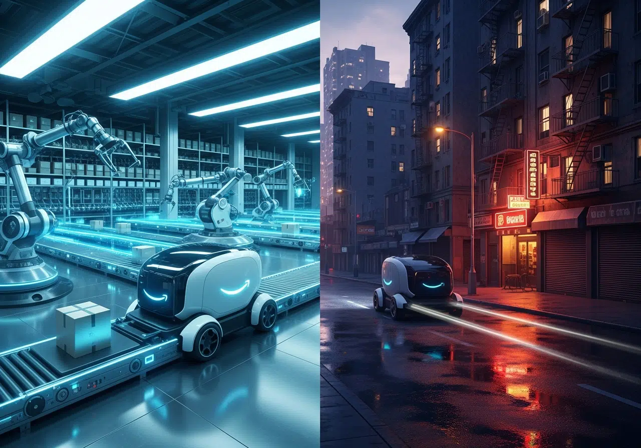 Ilustración conceptual de entrega rápida de Amazon mostrando un almacén futurista fusionado con una calle urbana de noche.