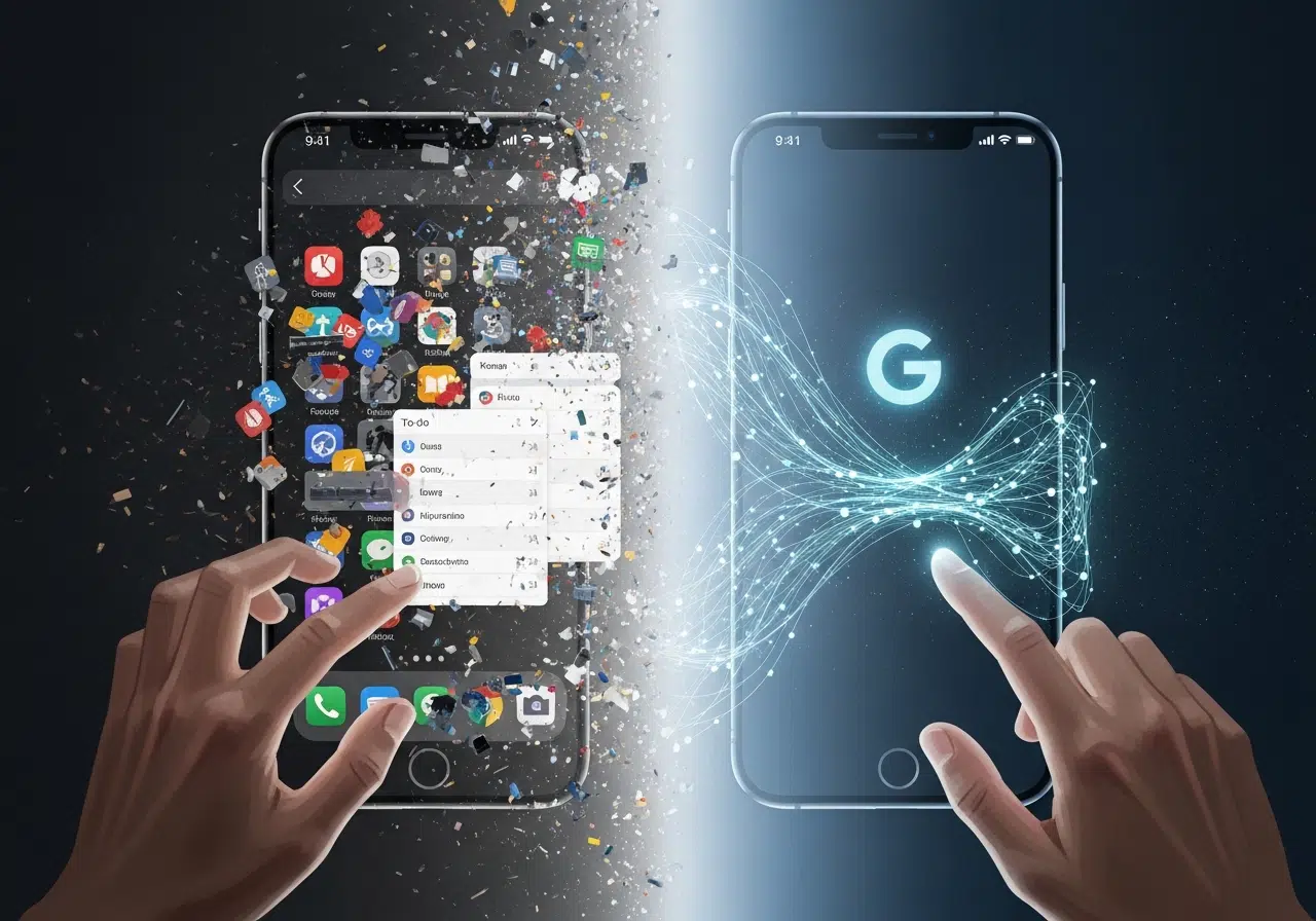 Ilustración conceptual de la IA Gemini de Google transformando la caótica experiencia de usuario de Android en una interfaz inteligente y proactiva.