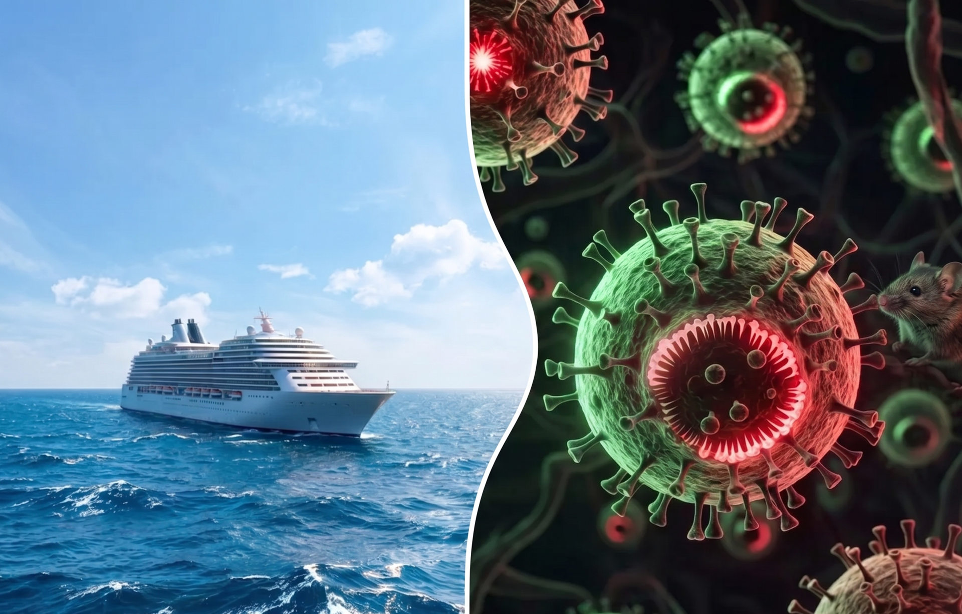 Ilustración conceptual de un crucero de lujo en cuarentena contrastado con la visualización microscópica de un virus letal.